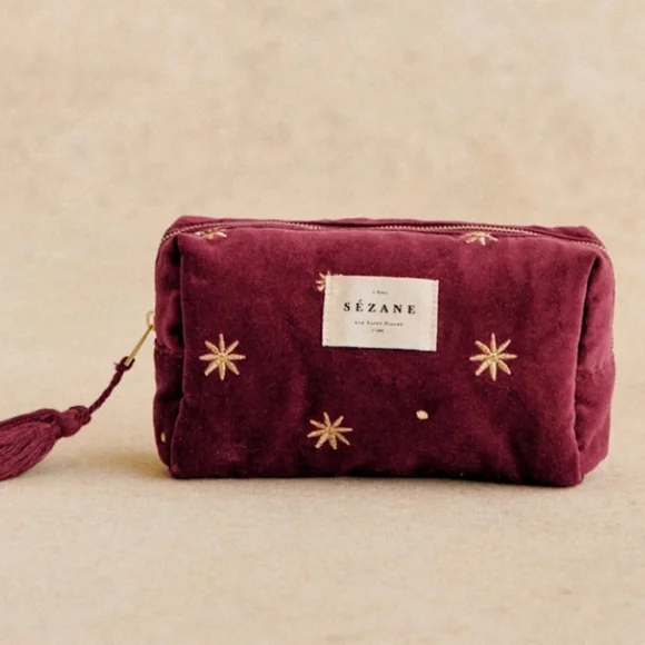 Sezane Red Velvet Pouch with Gold Embroidery - Picture 1 of 3